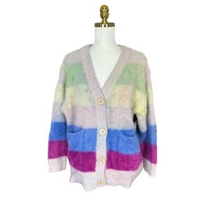 Moon River Fuzzy Striped‎ Oversized Cardigan Sweater Multicolor V-Neck XS Cobain
